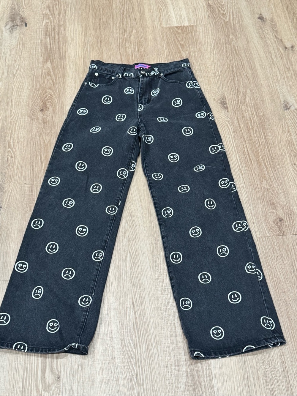 Edikted Black Moody Happy Sad Smiley Face Wide Leg Denim Jeans M